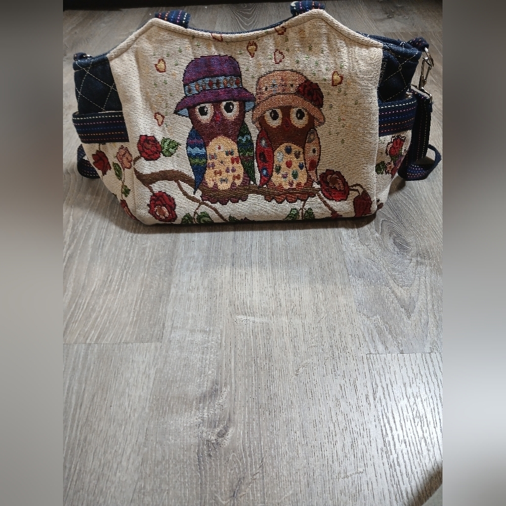 Owl Patterned Cream and Blue Women's Bag With Strap and Hadles. - Picture 2 of 11